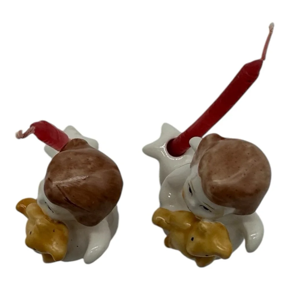 2 Vintage Goebel‎ Christmas Candle Holders Angel w/ Teddy Bear 2.5